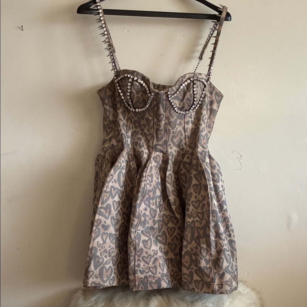 AREA Taupe and Tan Leopard-Print Mini Dress with Studded Straps